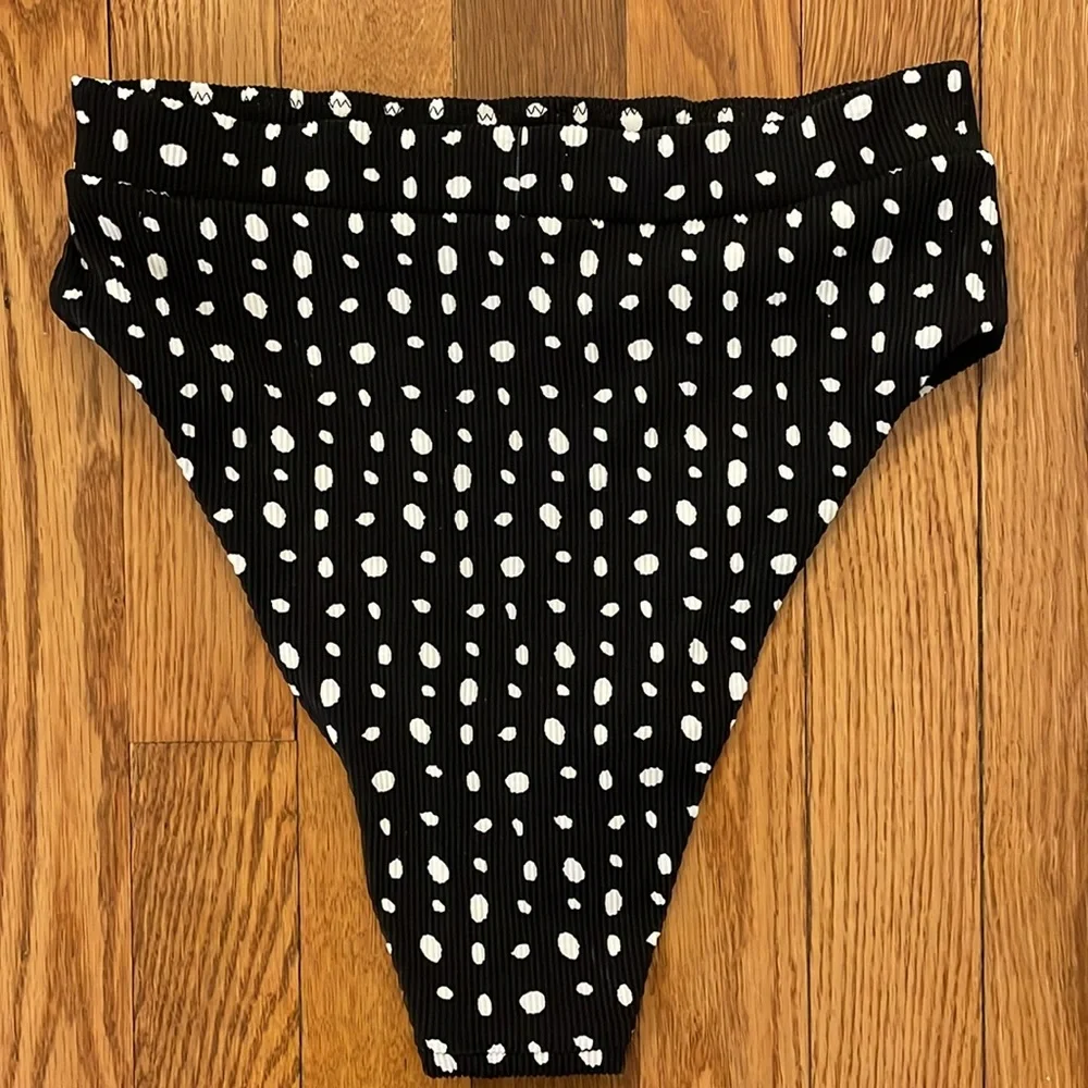 Aerie Black White Polka Dot Ribbed High Waisted Cheeky Bikini Swim Bottom S‎